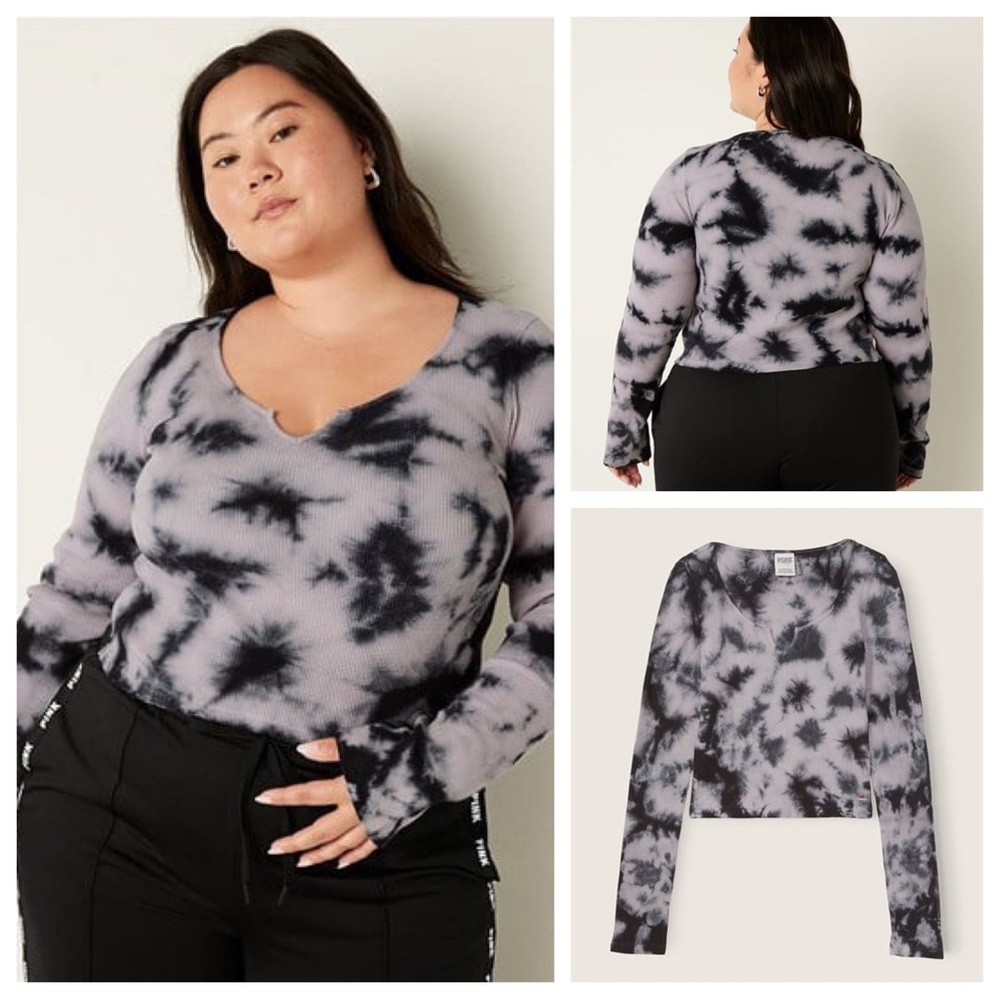 VS VICTORIAS SECRET PINK SHRUNKEN THERMAL NOTCH LONG SLEEVE TEE TOP TIE DYE XL